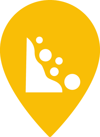 A Yellow pin icon showing a Landslide / falling rocks symbol